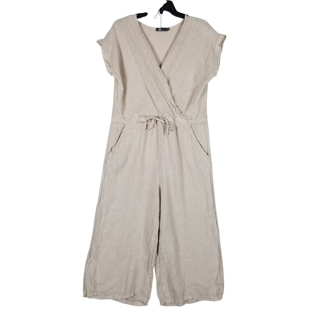M Made in Italy Linen Jumpsuit Womens S Beige V-Neck Wide Leg Drawstring Waist